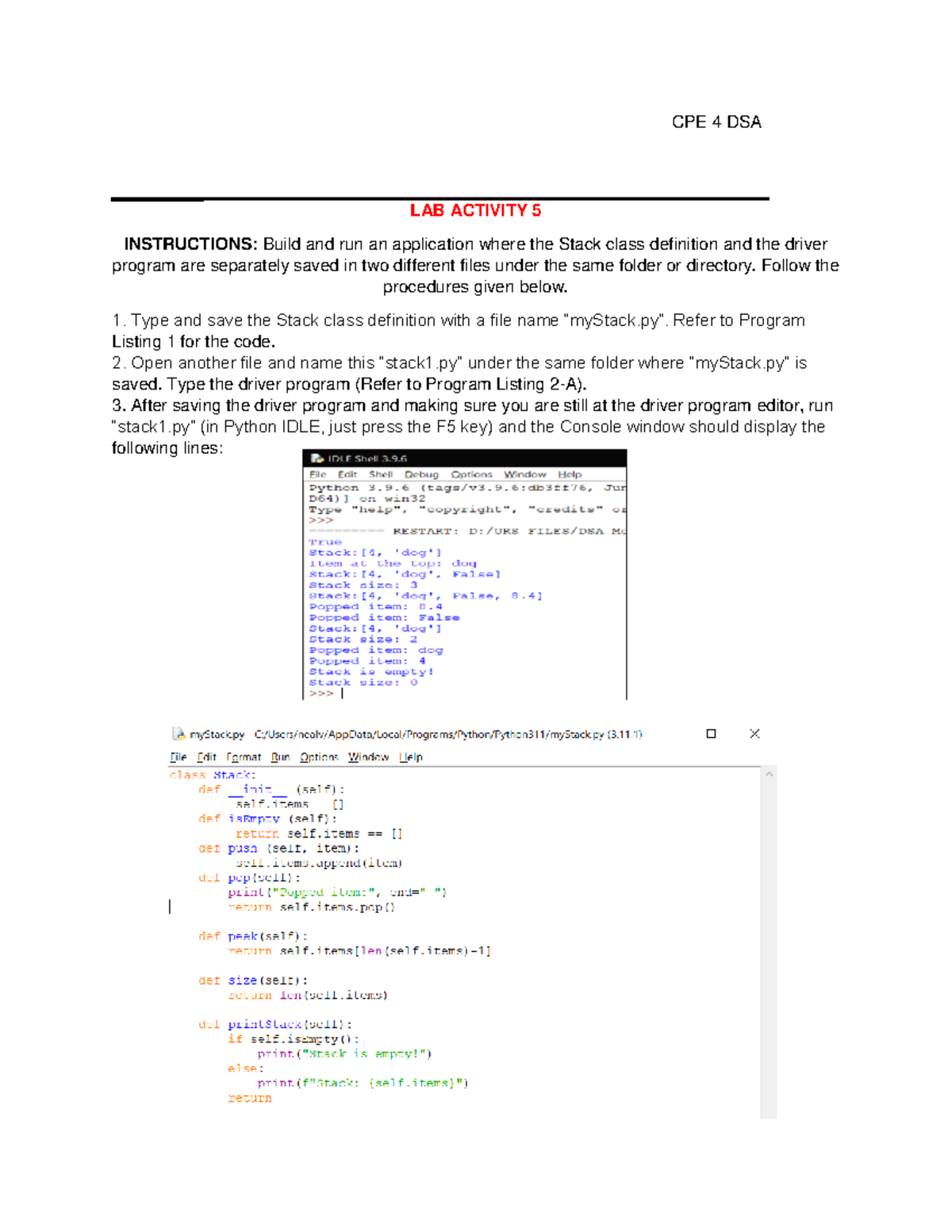 Python Stack Data Structure Activity - CPE 4 DSA LAB ACTIVITY 5 ...