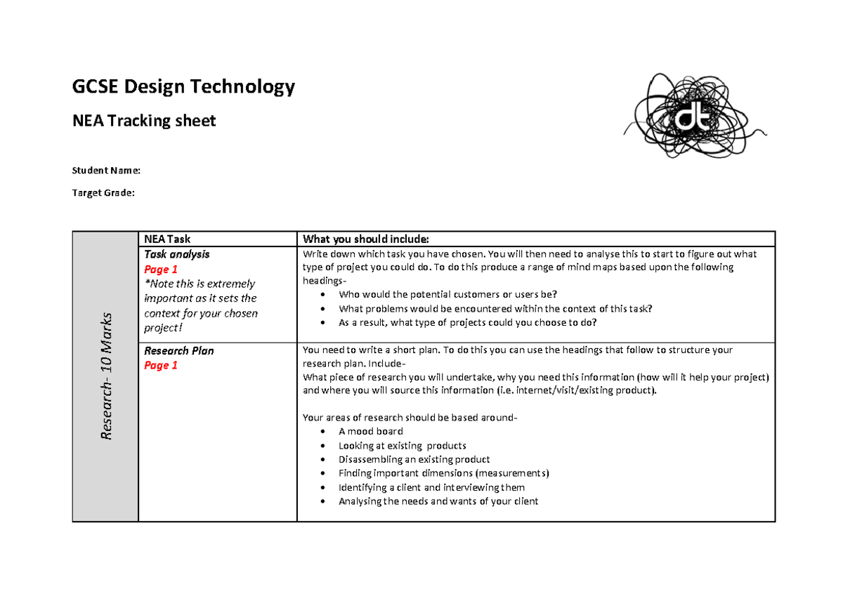 GCSE NEA Guidance Booklet - GCSE Design Technology NEA Tracking sheet ...