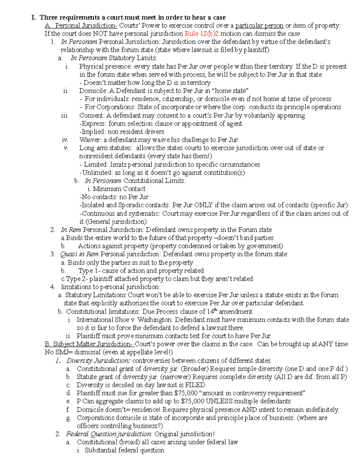 Civil Procedure Outline - I. Three requirements a court must meet in ...