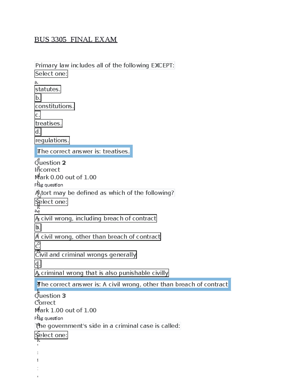 BUS 3305 Graded QUIZ 2 UNIT 8 - BUS 3305 FINAL EXAM Primary Law ...