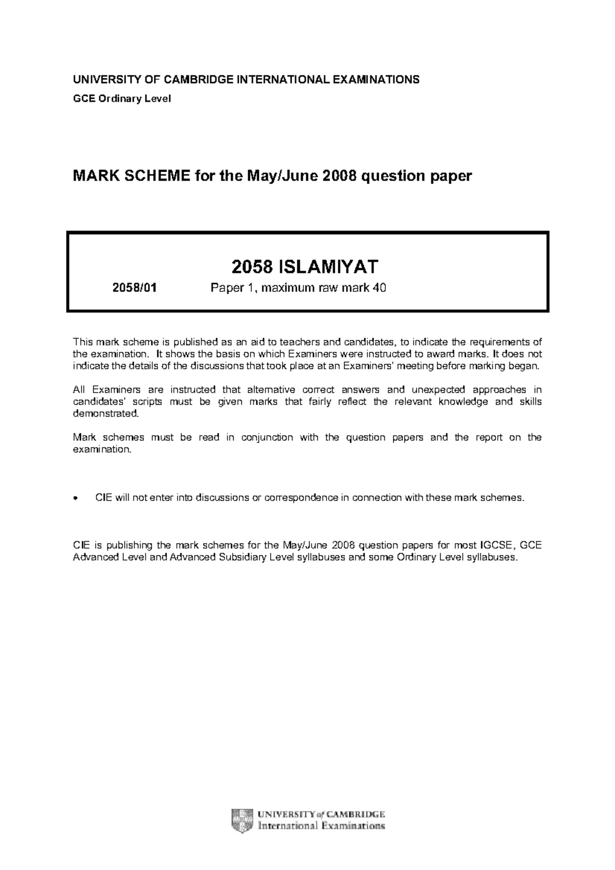 Mark scheme 1 - UNIVERSITY OF CAMBRIDGE INTERNATIONAL EXAMINATIONS GCE ...