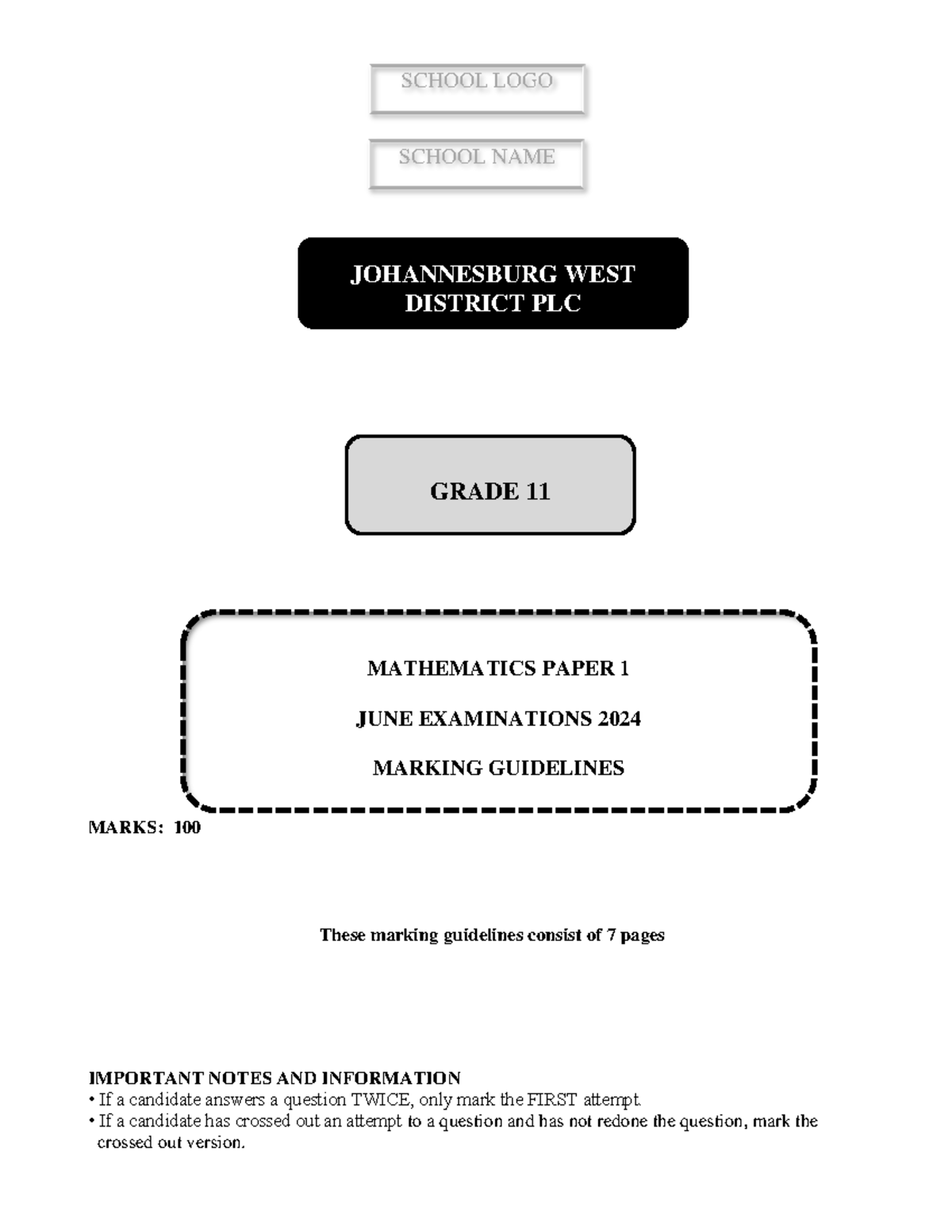 Jw Memo Math Grade 11 Paper 1 June 2024 Examinations Marks 100 These Marking Guidelines 2020