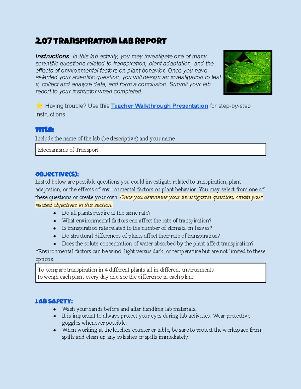 Copy of 2.07 Transpiration Lab Report - 2 transpiration Lab Report ...