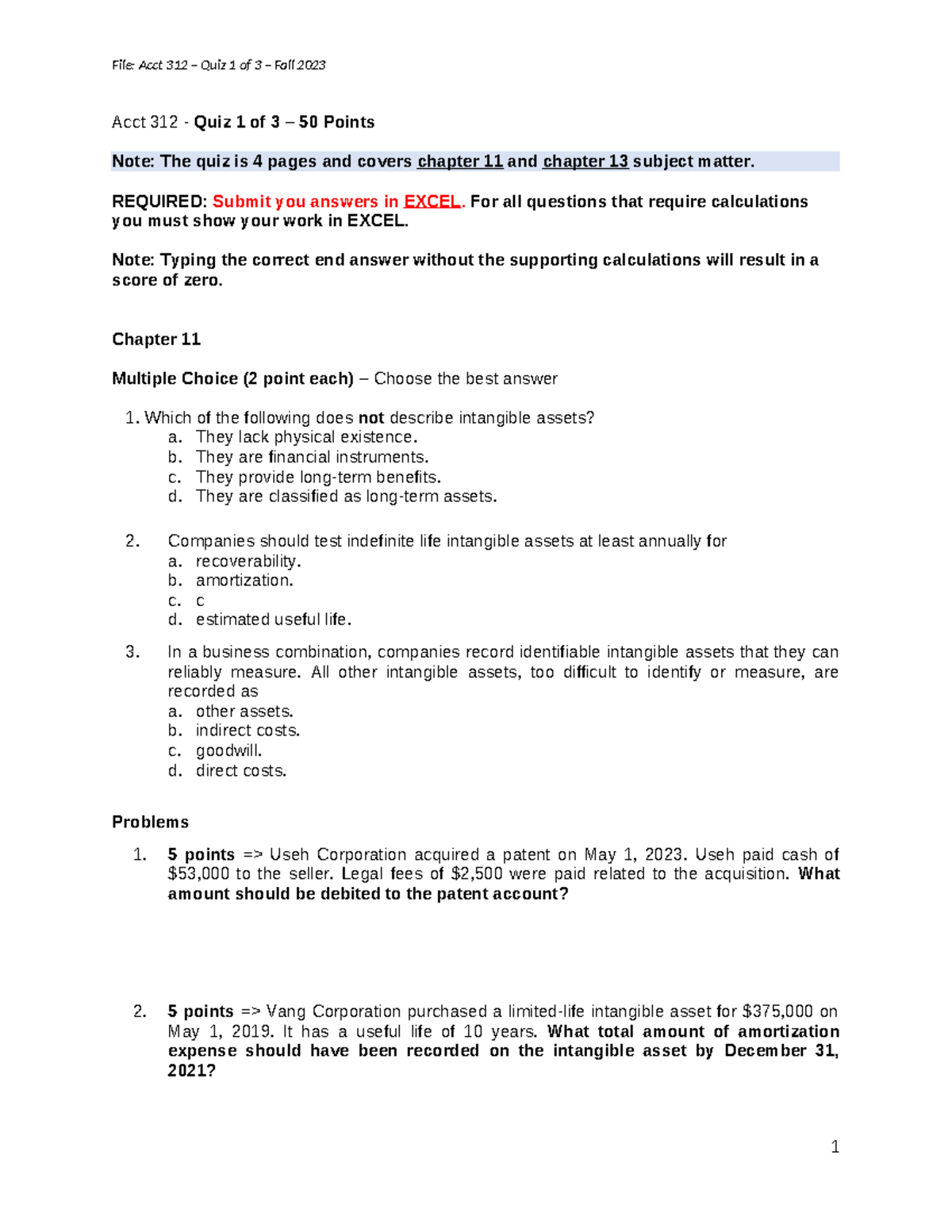 Acct 312 - Quiz 1 Of 3 - Fall 2023 - Acct 312 - Quiz 1 Of 3 – 50 Points ...