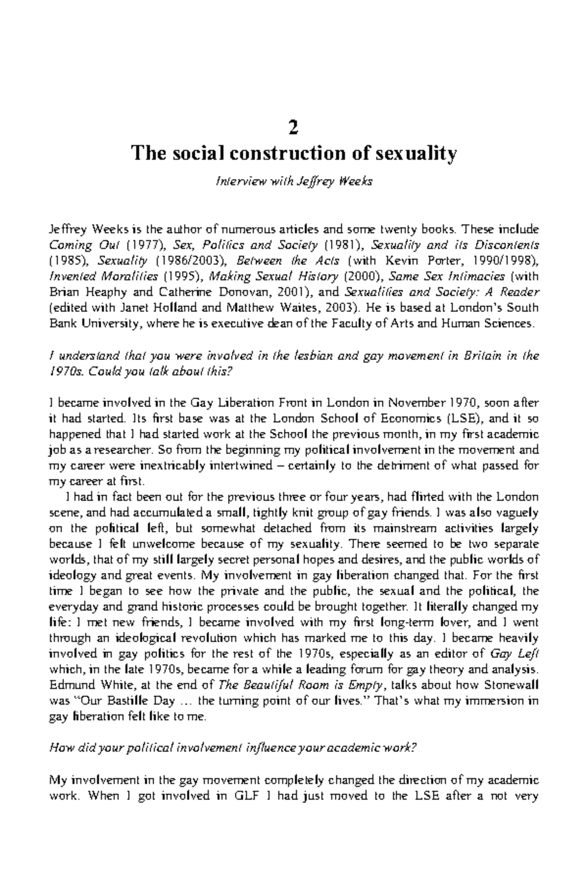 Interview with Jeffrey Weeks. The Social Construction of Sexuality ...