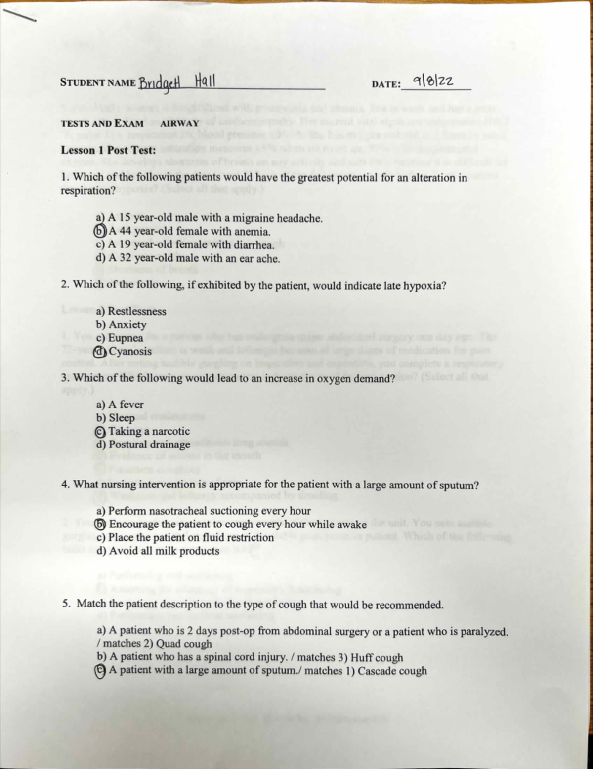 Bah Airway Post Test - STUDENT NAME Budget. Hall DATE: Gle|zz TESTS AND ...