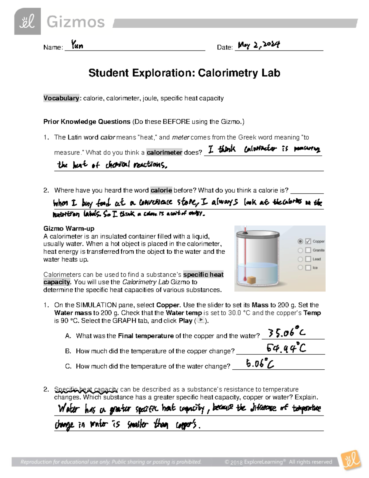 Calorimetry Gizmo Lab 2 Name