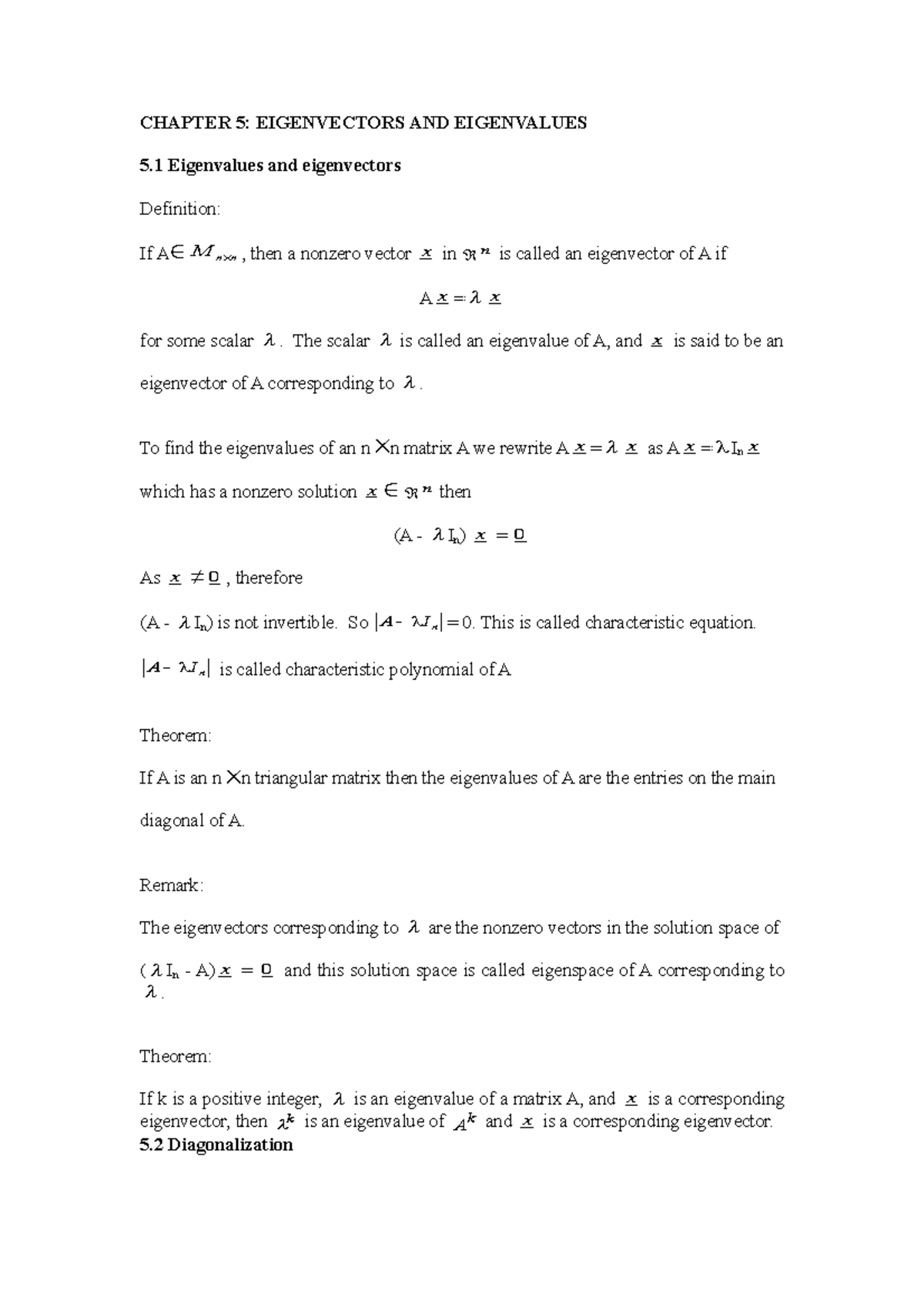 Chapter 5 - Lecture notes 5 - CHAPTER 5: EIGENVECTORS AND EIGENVALUES 5 ...