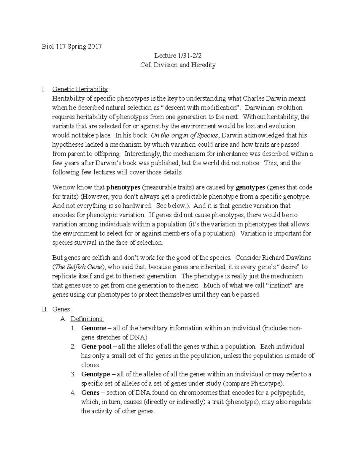 Lecture 5-6 Cell Division and heredity - Biol 117 Spring 2017 Lecture 1 ...