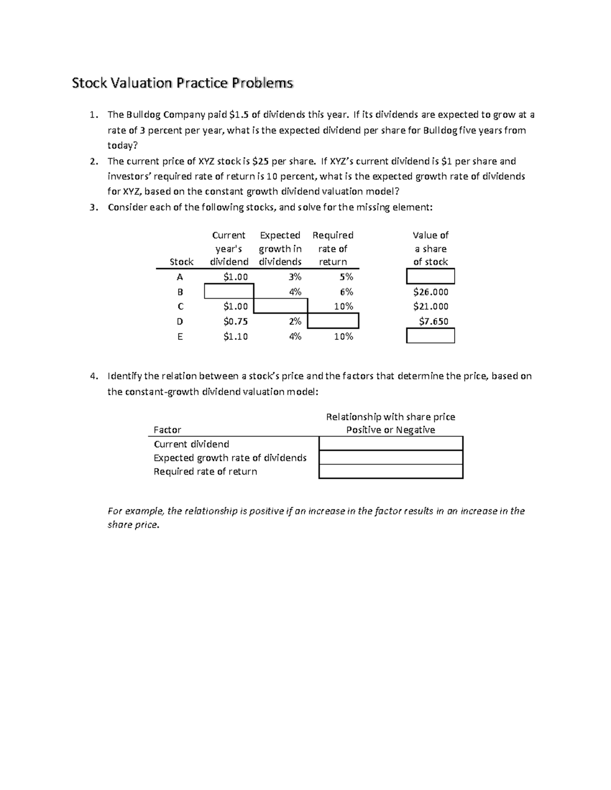 Stock Valuation Practice Problems - If its dividends are expected to ...