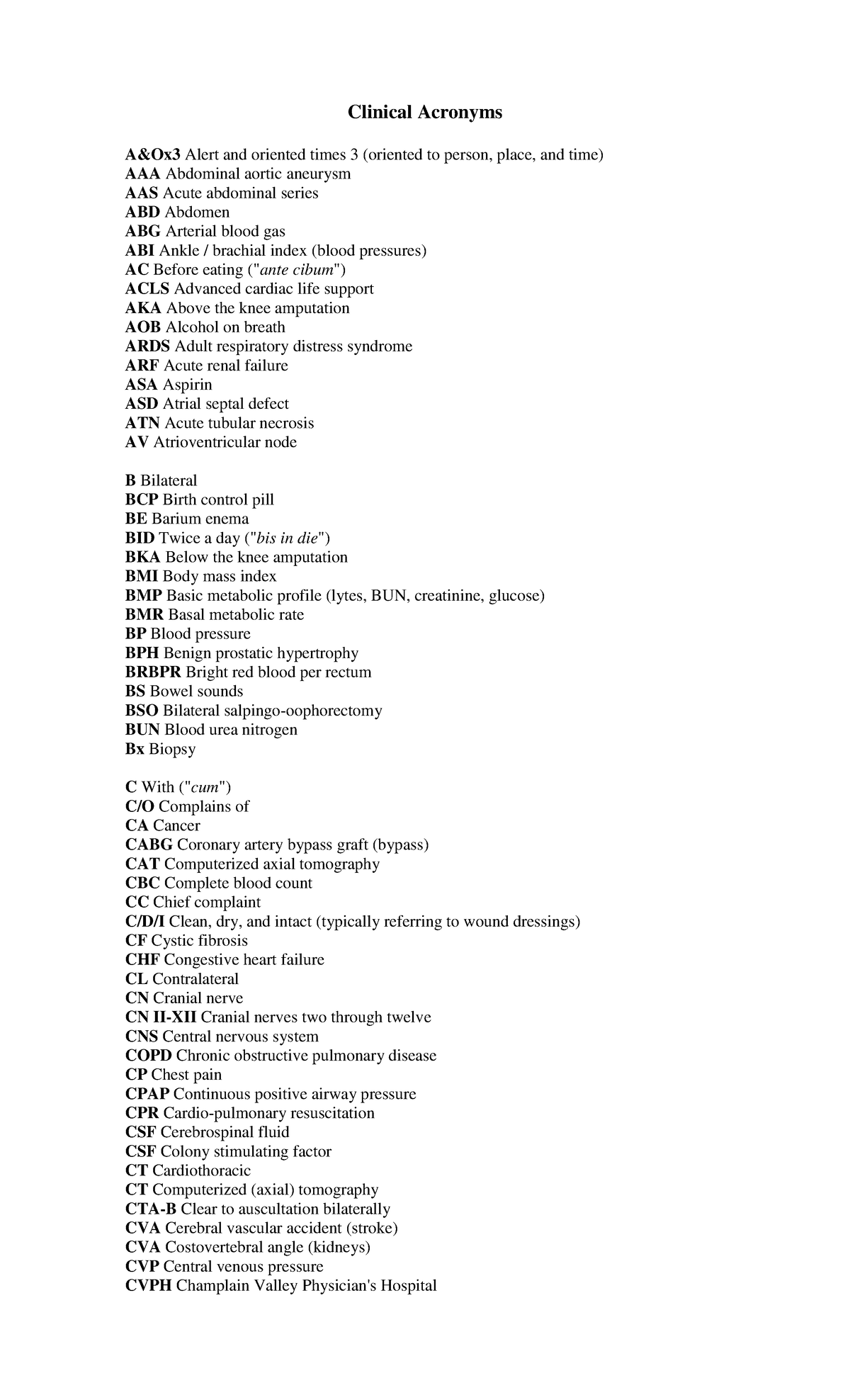 Clinical Acronyms Clinical Acronyms A&Ox3 Alert and oriented times 3