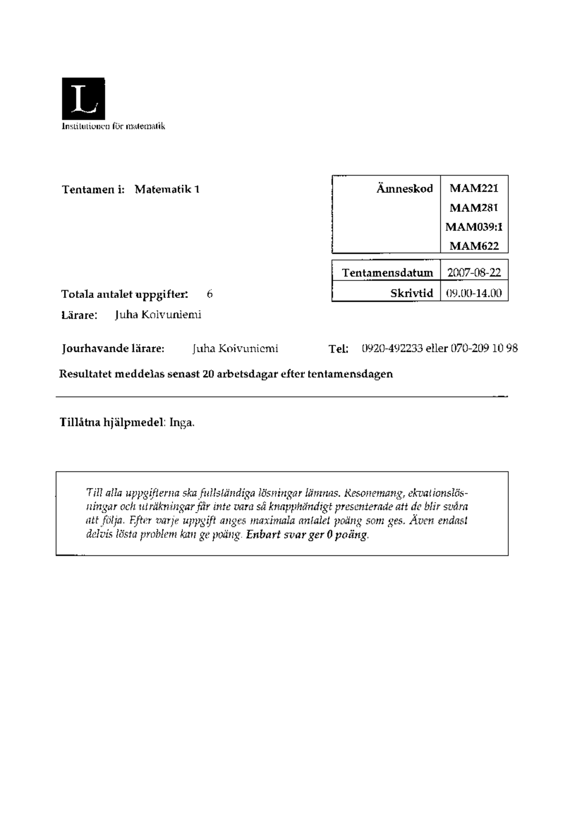 Mam281 070822 - Tenta - L Institutionen F6r Matematik Tentamen I ...