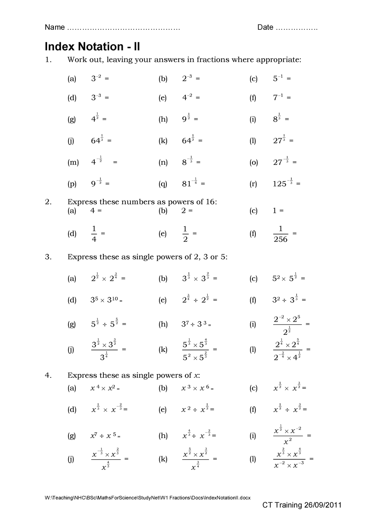 Index Notation Worksheet 2 Week One - Name ...