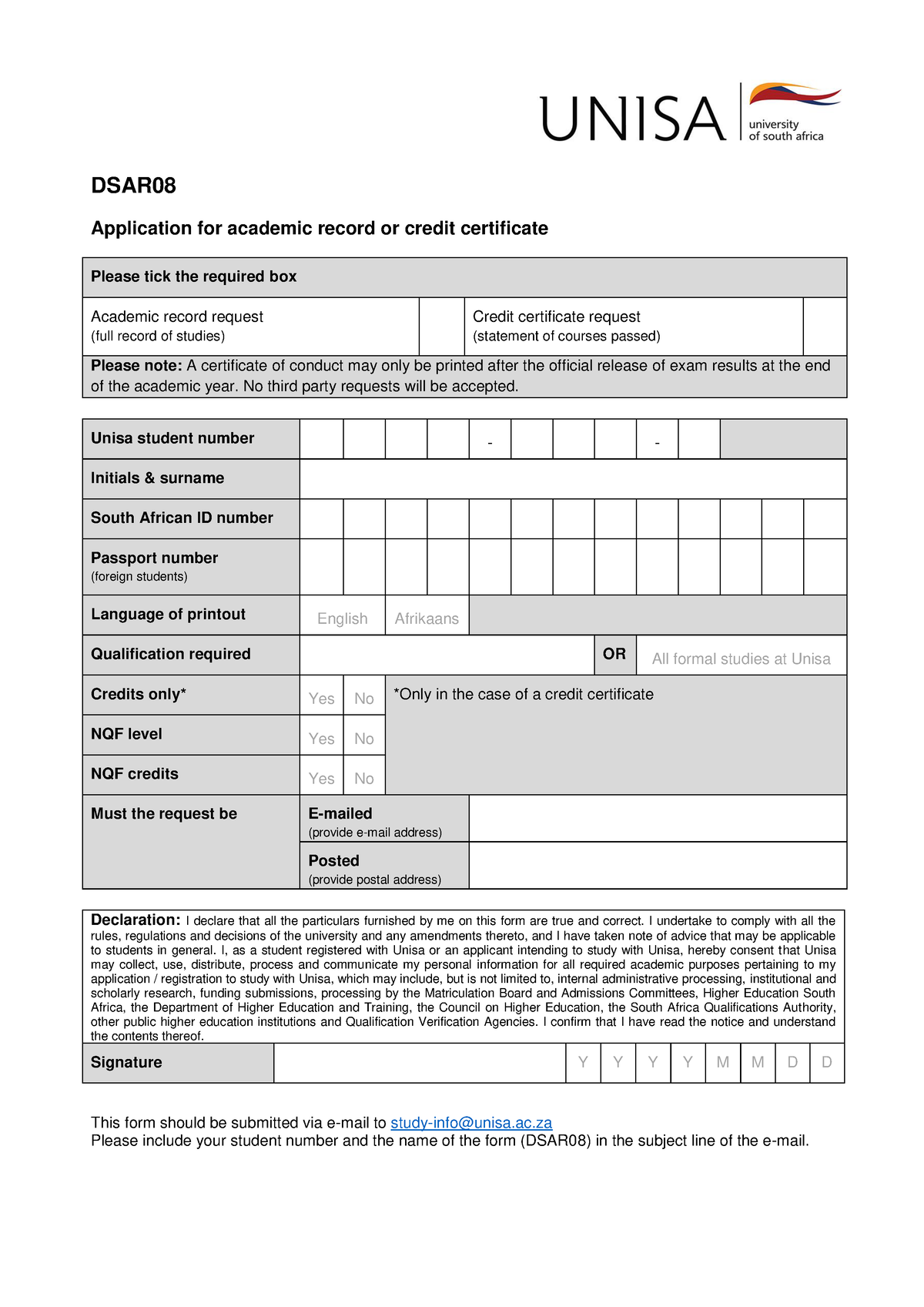 Unisa-DSAR08 -DSAR08 - DSAR Application For Academic Record Or Credit ...