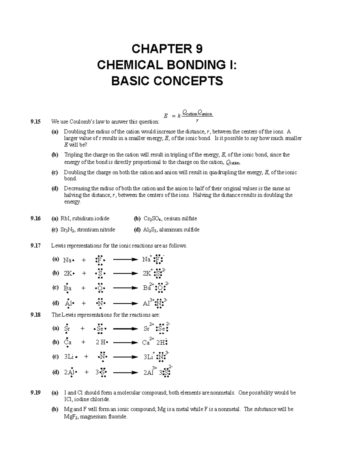 Chapter 9 HW Answers - Practical - CHAPTER 9 CHEMICAL BONDING I: BASIC ...