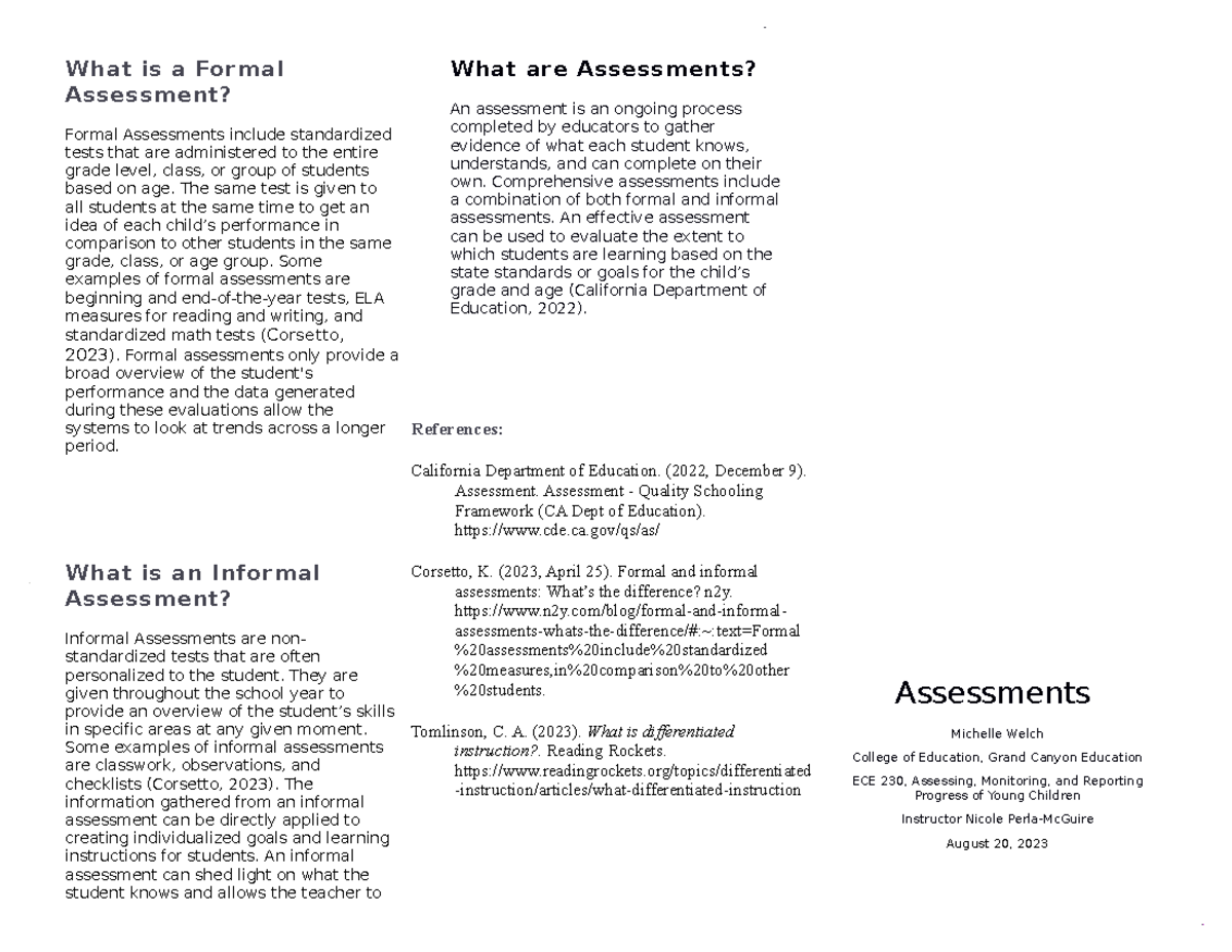 Ece 230 Assessment Brochure What Is A Formal Assessment Formal 