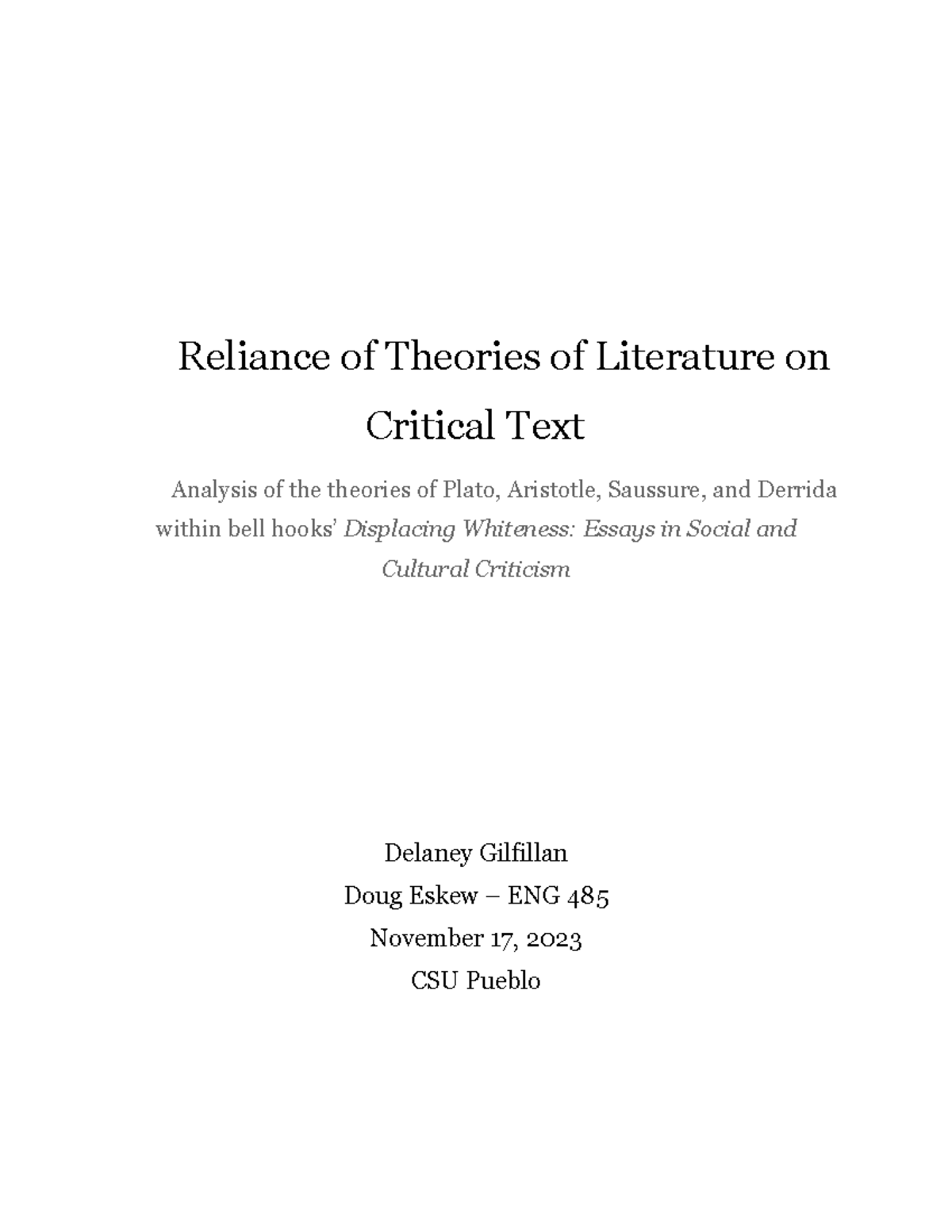 Theory Synthesis of bell hooks Article "Displacing Whiteness Essays in