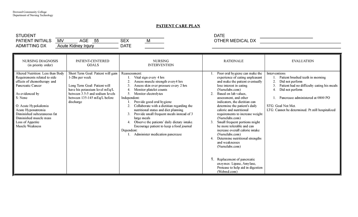 CARE PLAN form legal - Broward Community College Department of Nursing ...