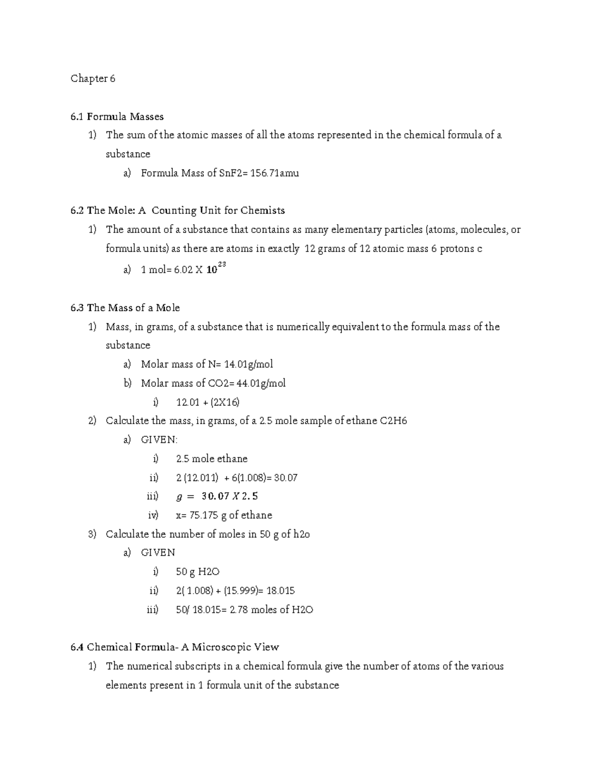 Lecture 6 Chemical Calculations Chapter 6 6 Formula Masses 1) The