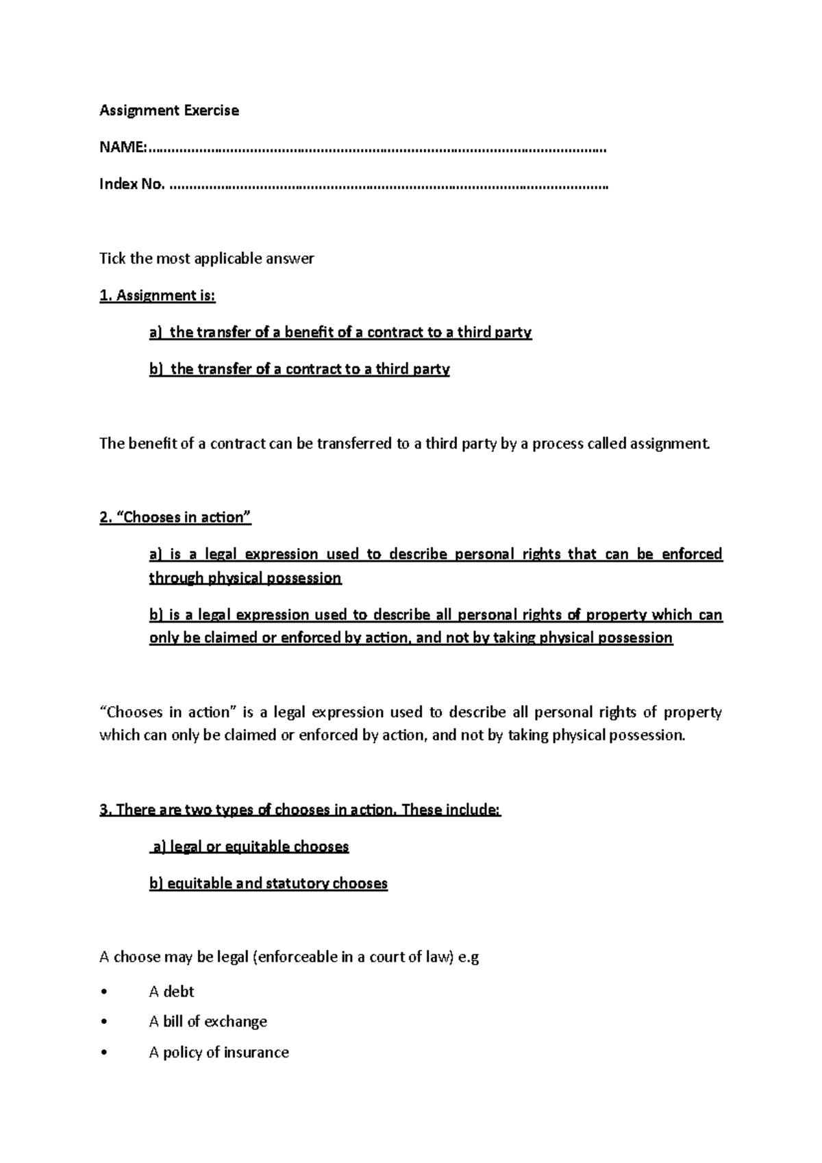 Assignment and Injuctions exercise with answers 2022 - Assignment ...