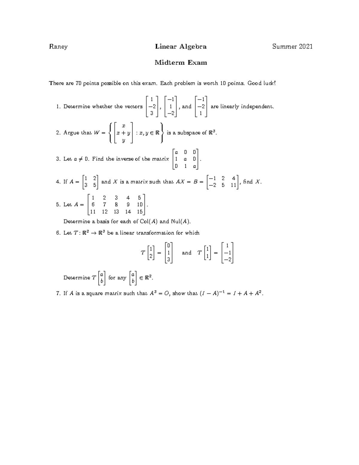 MATH150Sum21midterm midterm Raney Linear Algebra Summer 2021