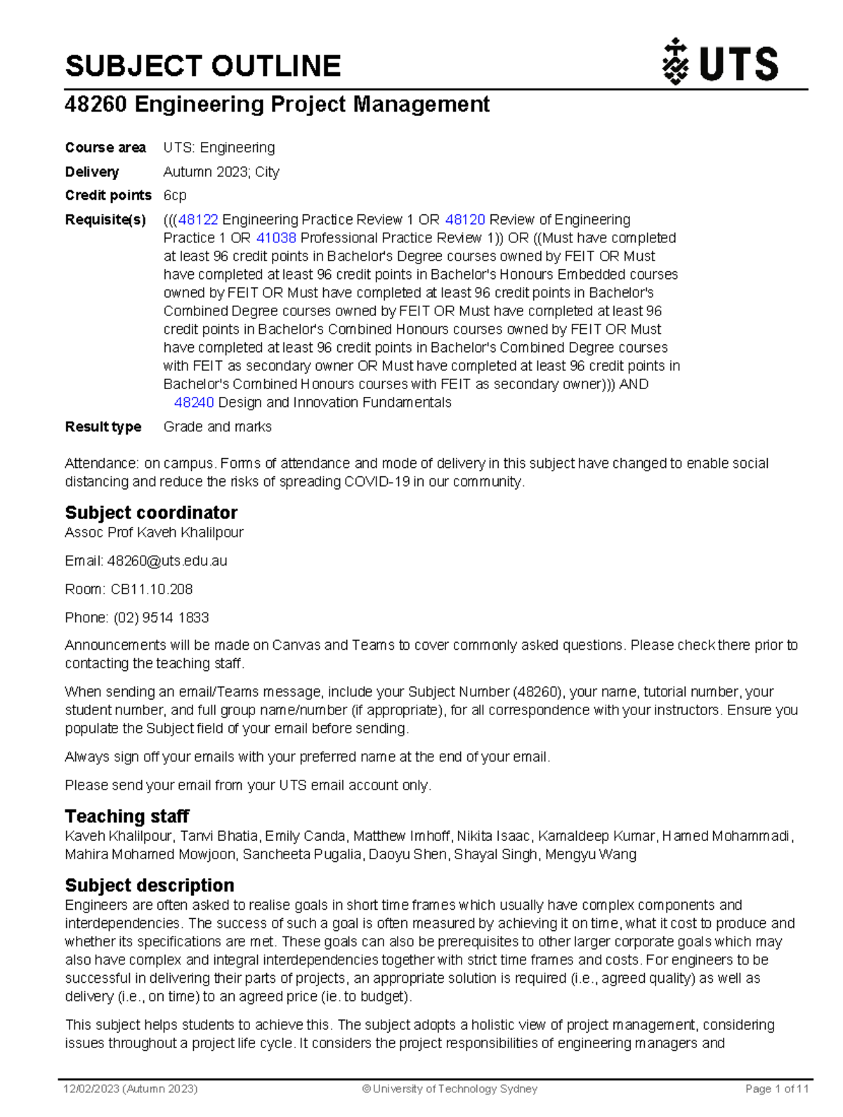 Engineering Project Management Subject Outline AUT 2023 SUBJECT