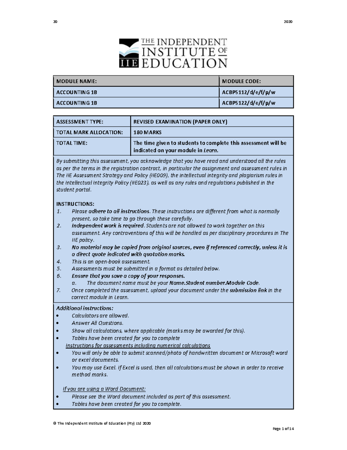 ACBP5112Ea C19 S2 - Past exam for revision - © The Independent ...