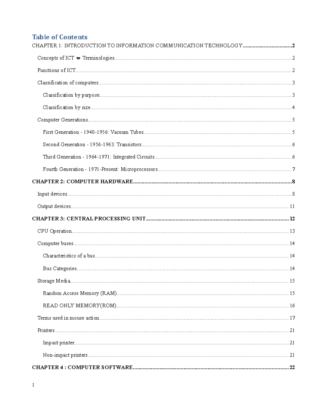 ICT Notes (1)-1 - Table of Contents CHAPTER 1: INTRODUCTION TO ...