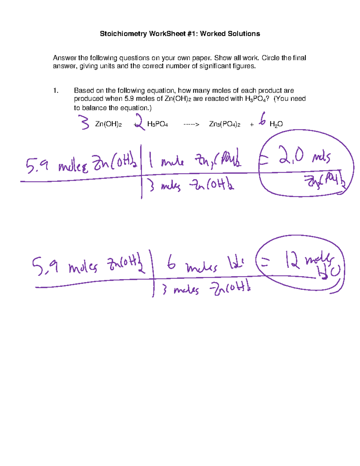 Worksheet 1 stoichiometry workedsolutions Stoichiometry WorkSheet 1 Worked Solutions Answer