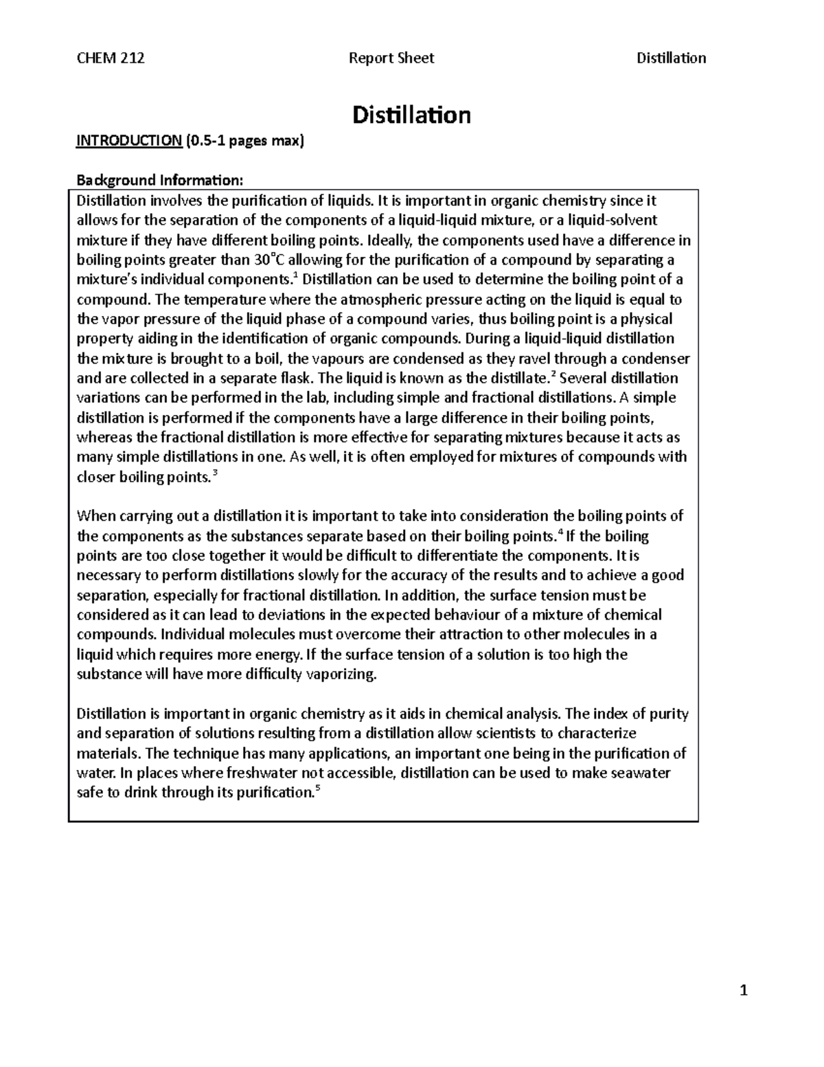 Distillation lab report Distillation INTRODUCTION (01 pages max