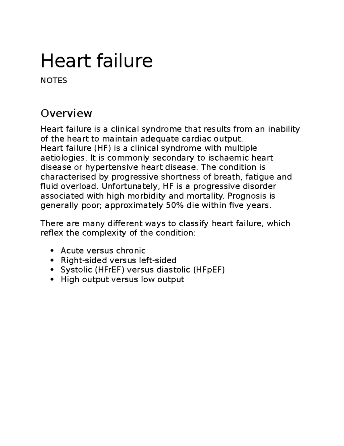 Heart failure - Lecture notes 1 - Heart failure NOTES Overview Heart ...