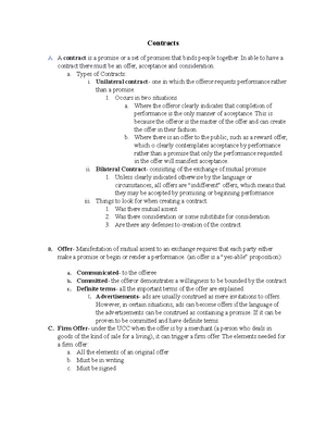 Contracts Outline - KEY POINTS CASE REFERENCE BASIC INFO Common Law ...