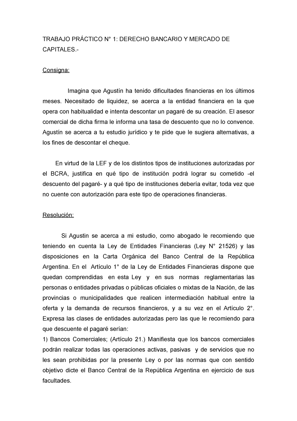 Trabajo Pr Ctico N Derecho Bancario Y Mercado De Capitales Trabajo