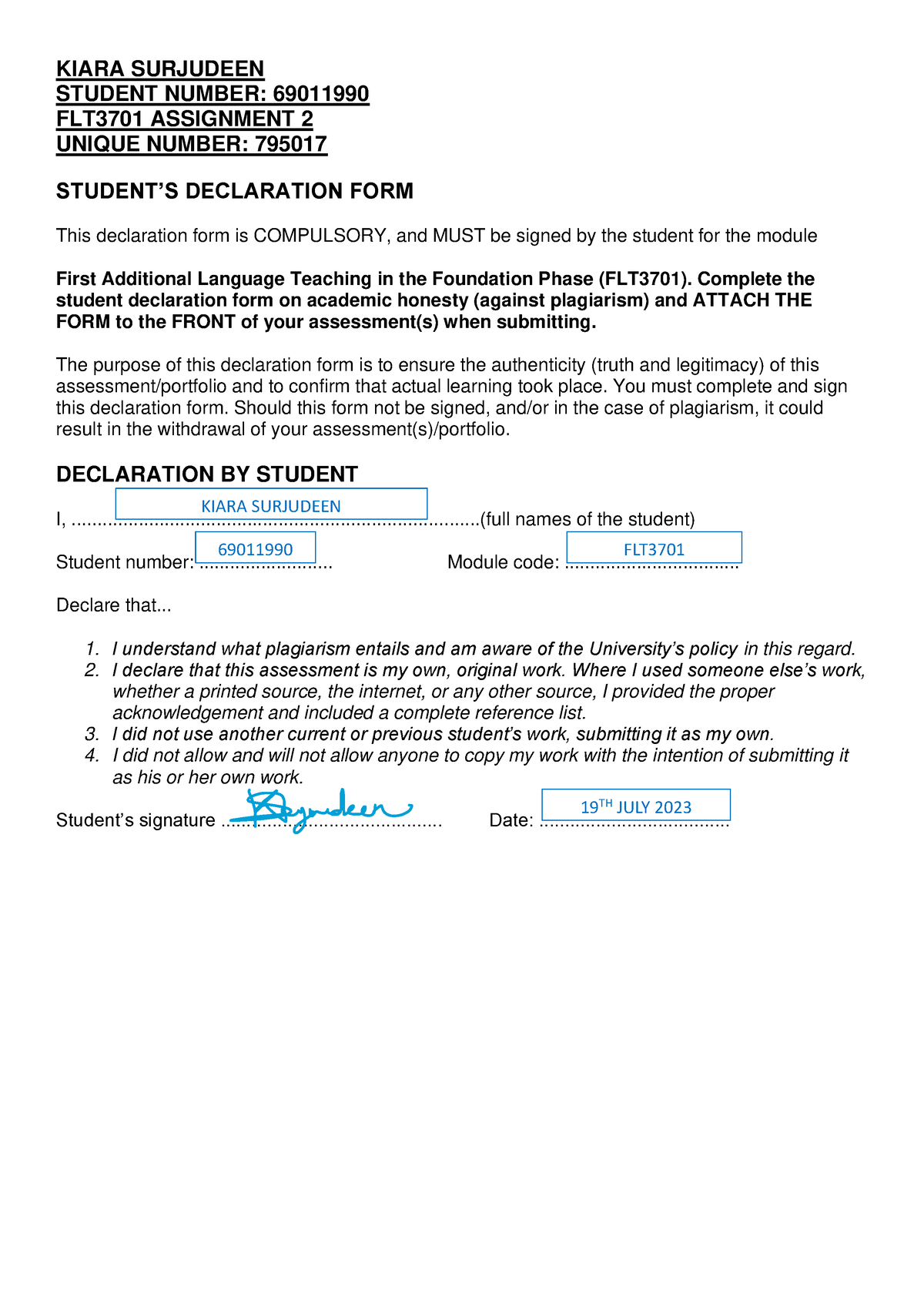 FLT3701 Assignment 2 - KIARA SURJUDEEN STUDENT NUMBER: 69011990 FLT3701 ...