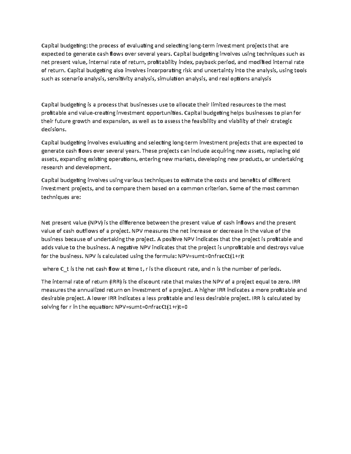Capital budgeting - notes - Capital budgeting: the process of ...