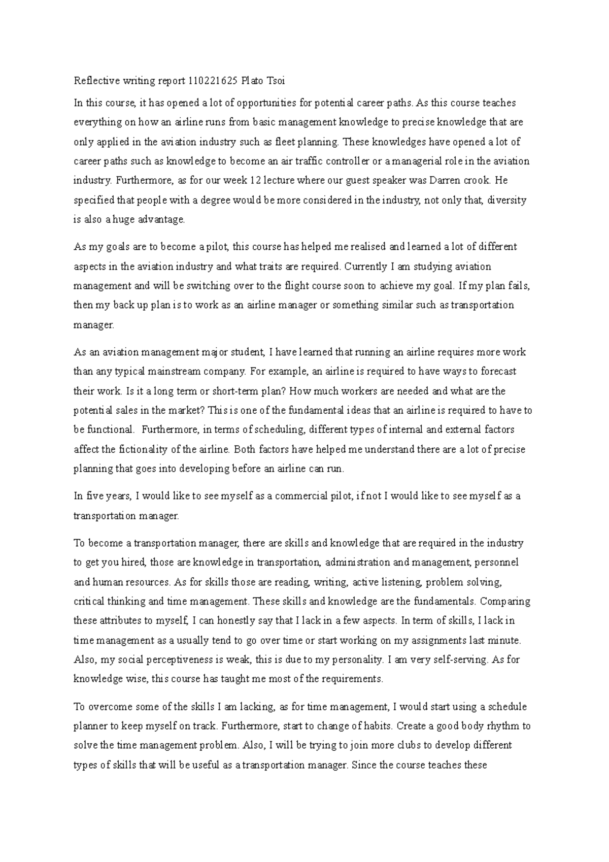 Reflective writing 110221625 - Reflective writing report 110221625 ...