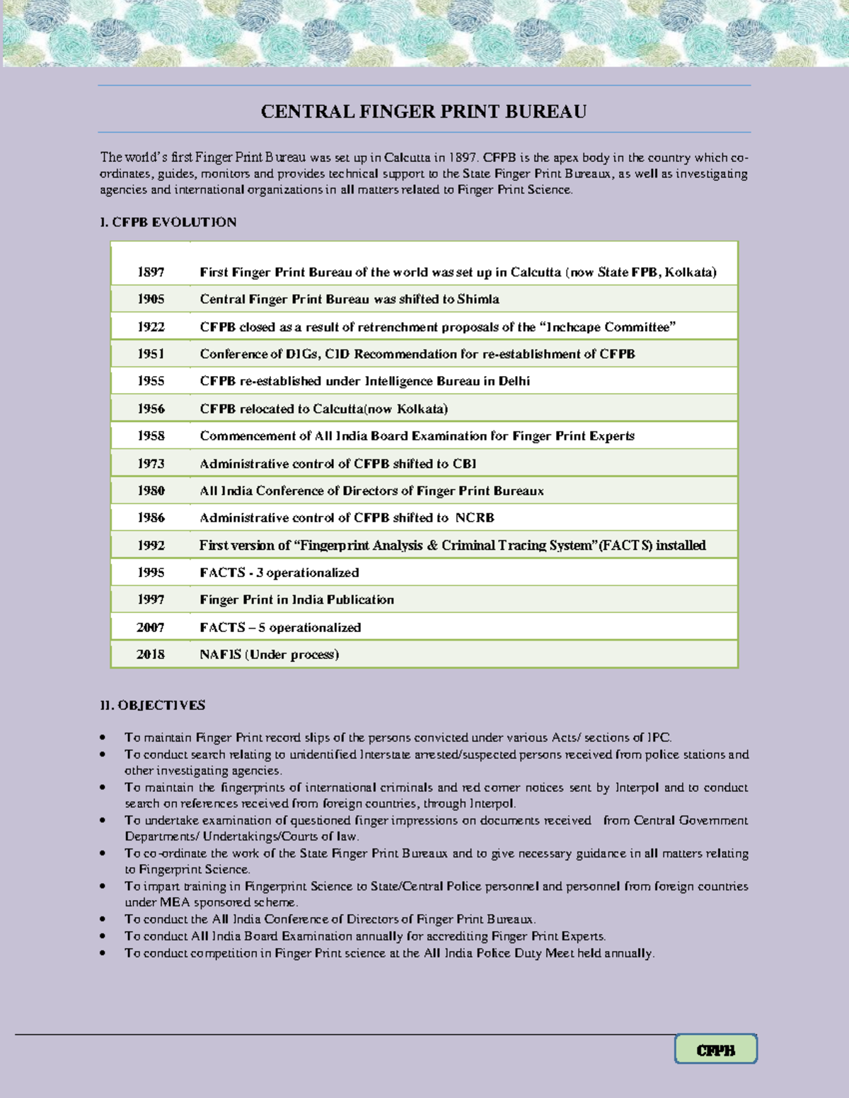 Finger print bureau CENTRAL FINGER PRINT BUREAU The world’s first
