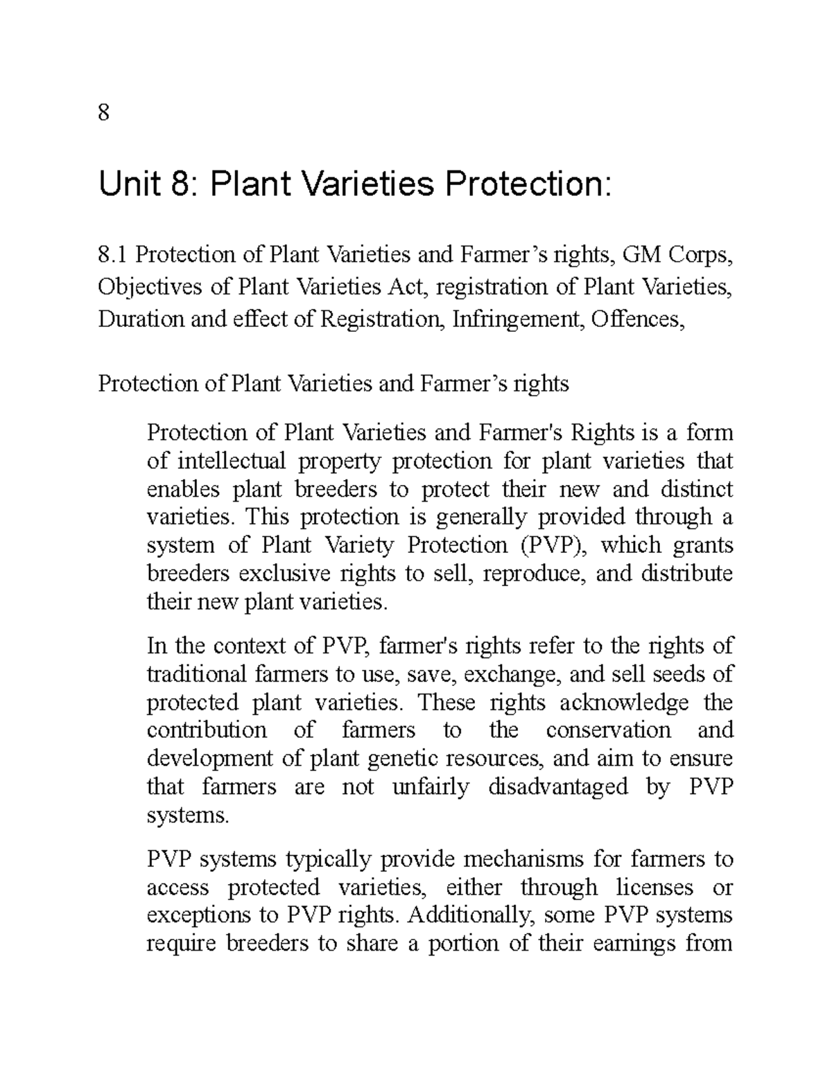 Unit 8 Plant Varieties Protection 8 Unit 8 Plant Varieties
