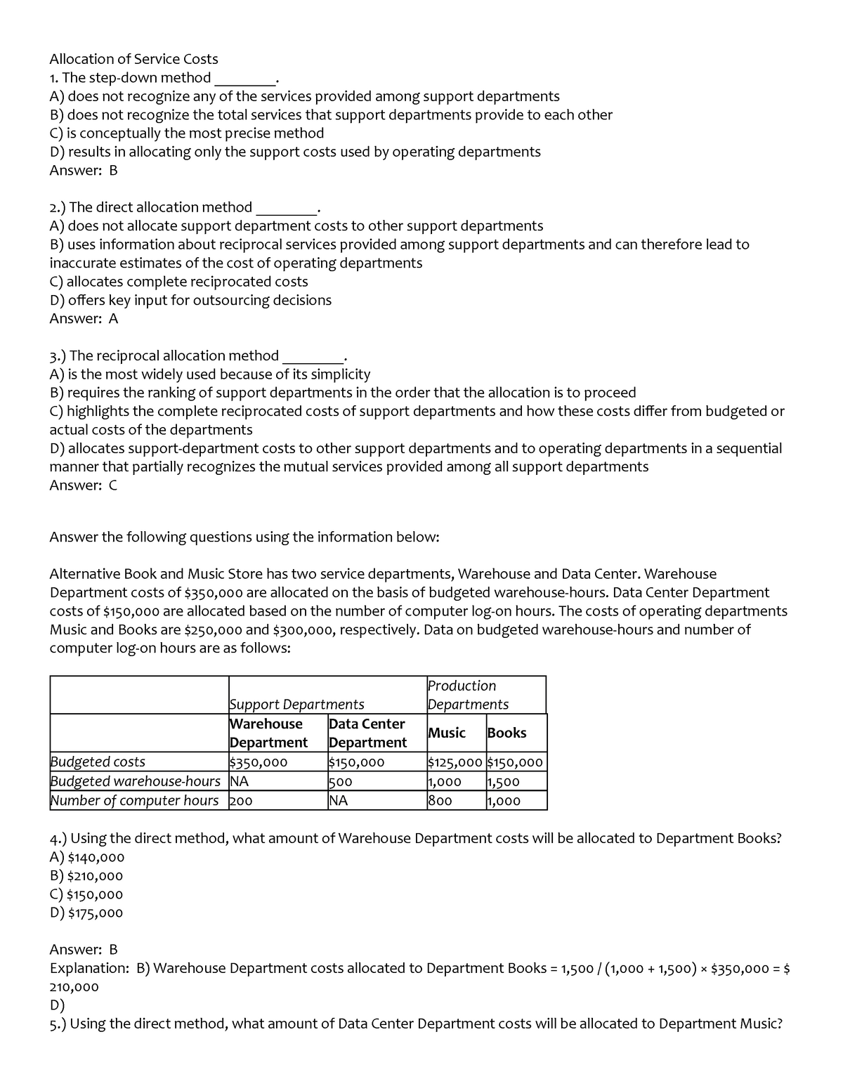 ACC213 Reviewer - Allocation Of Service Costs 1. The Step-down Method ...