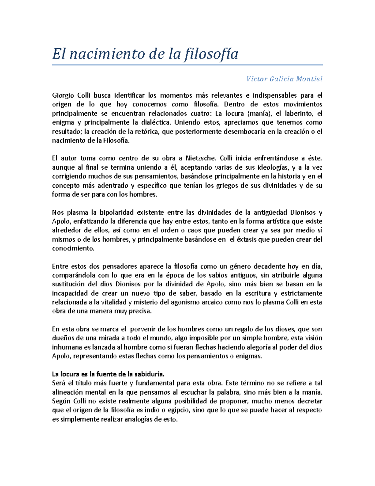 El Nacimiento De La Filosofia El Nacimiento De La Filosofia Victor Galicia Montiel Giorgio Colli Studocu