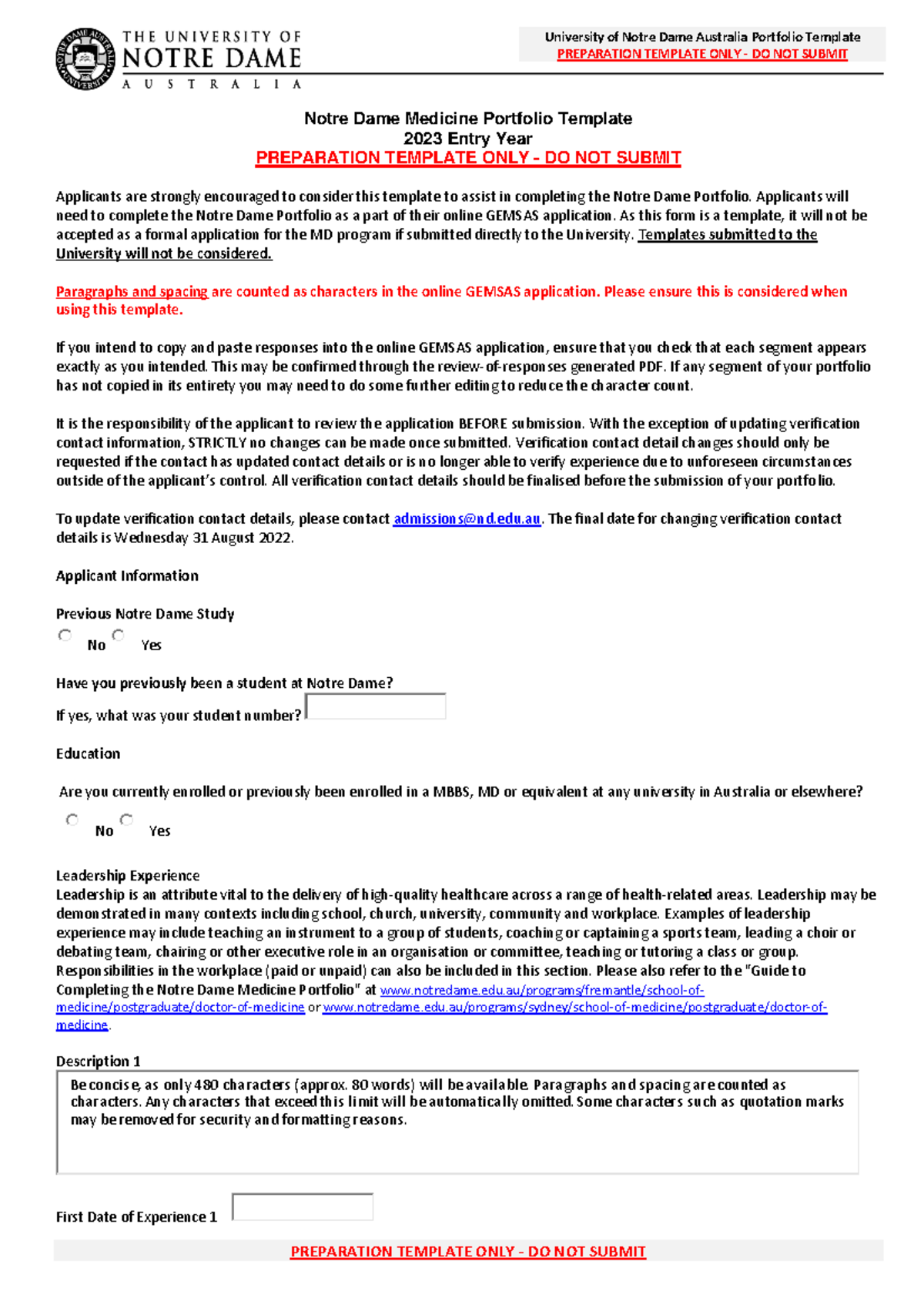 Notre Dame Medicine Portfolio Template PREPARATION TEMPLATE ONLY DO 
