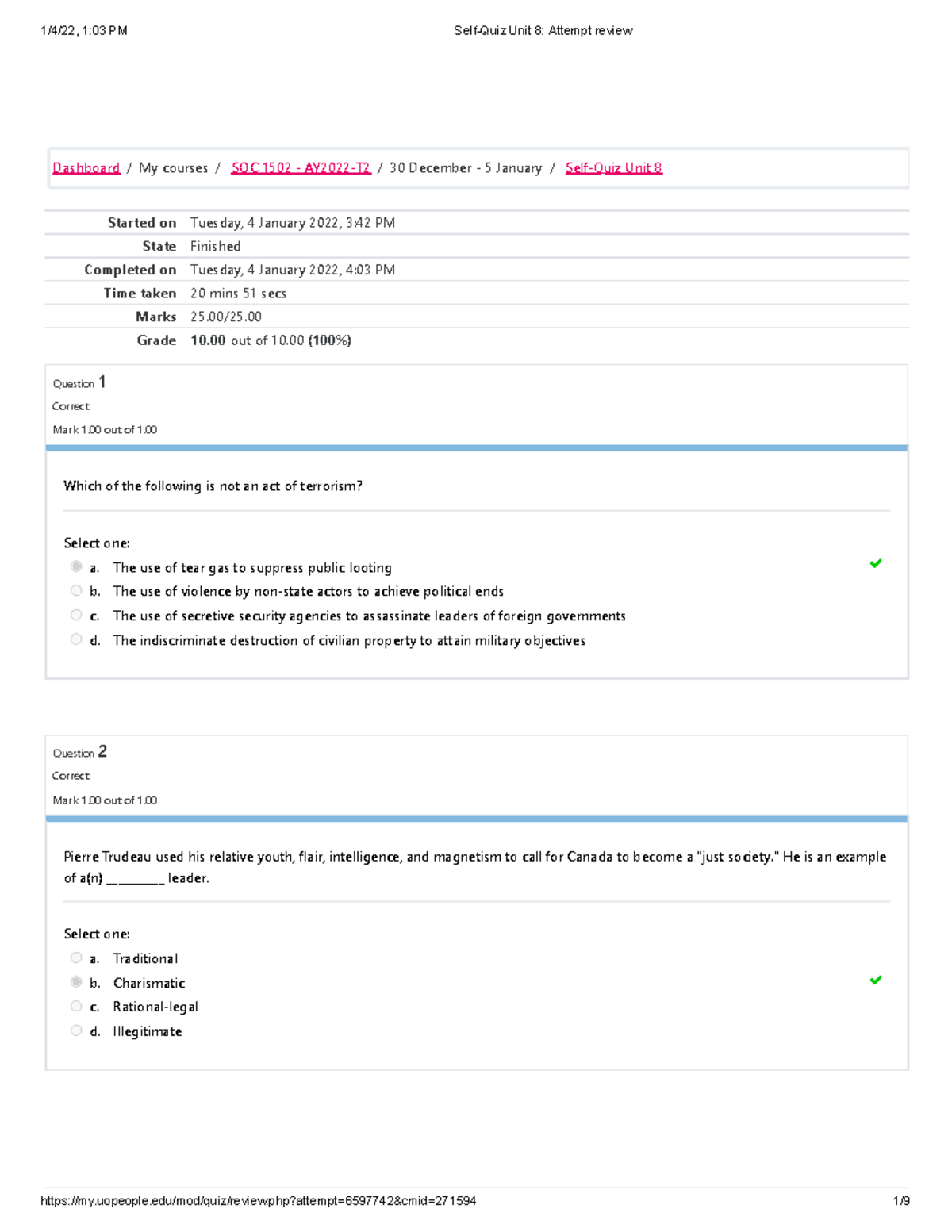 SOC 1502 Self-Quiz Unit 8 100% - Started on Tuesday, 4 January 2022, 3: ...