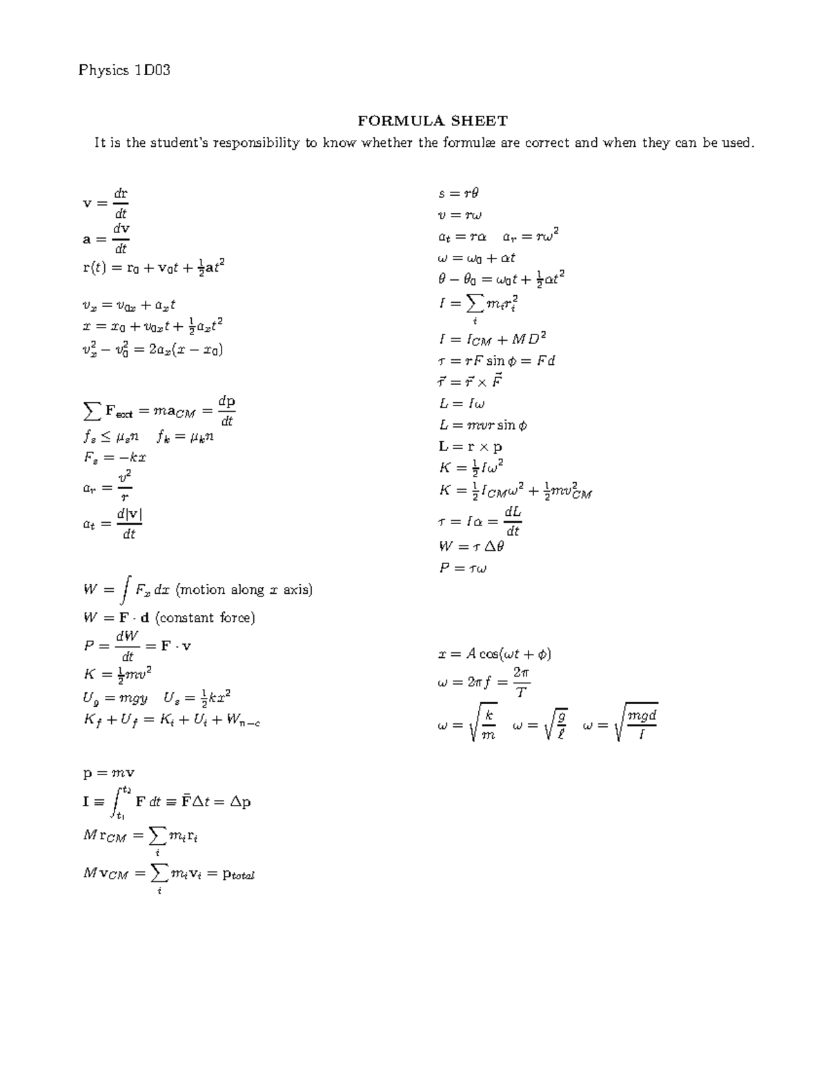 Physics Formula Sheet - Physics 1D FORMULA SHEET It is the student’s ...