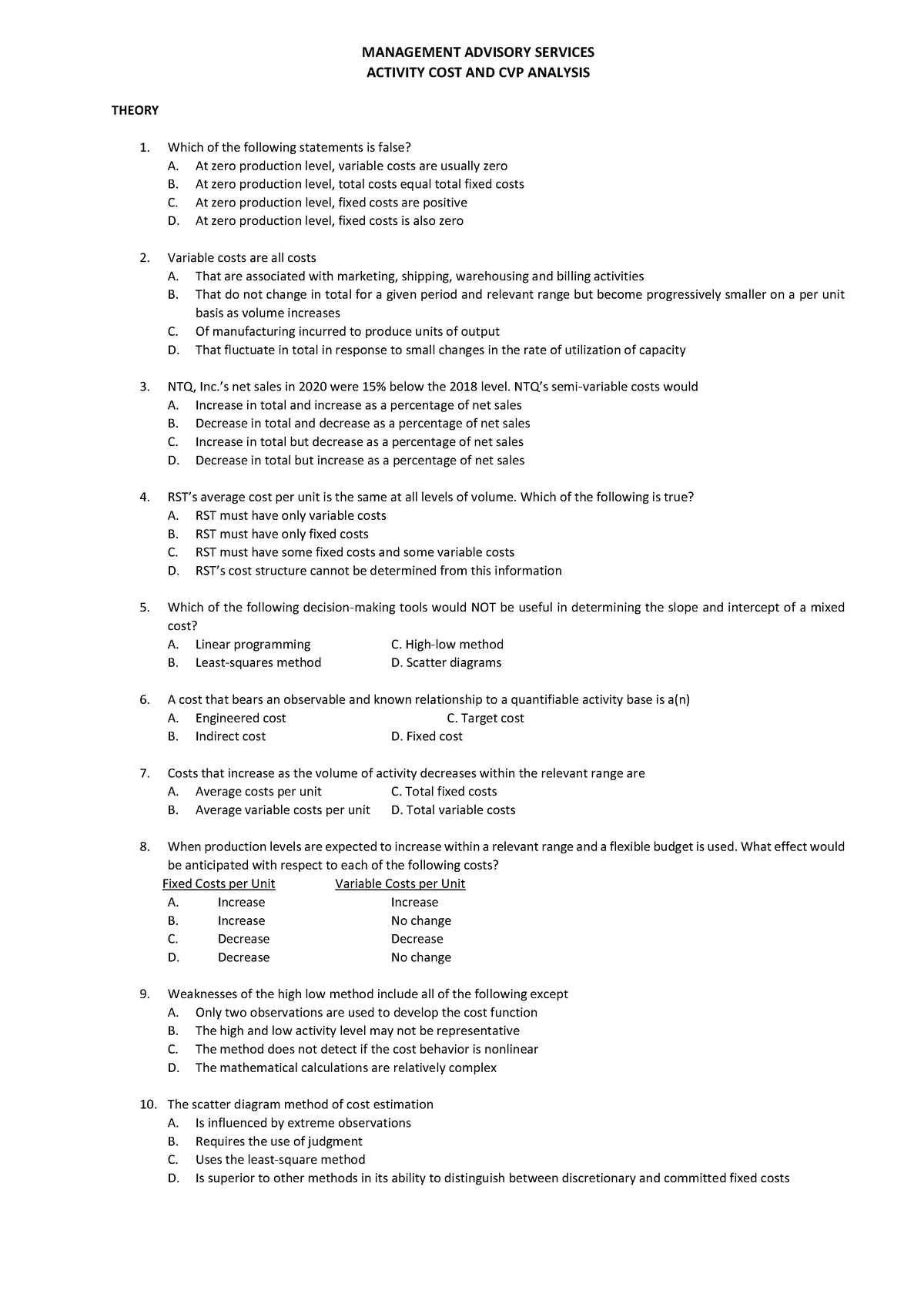 Management Accounting (MAS) Testbank - MANAGEMENT ADVISORY SERVICES ...