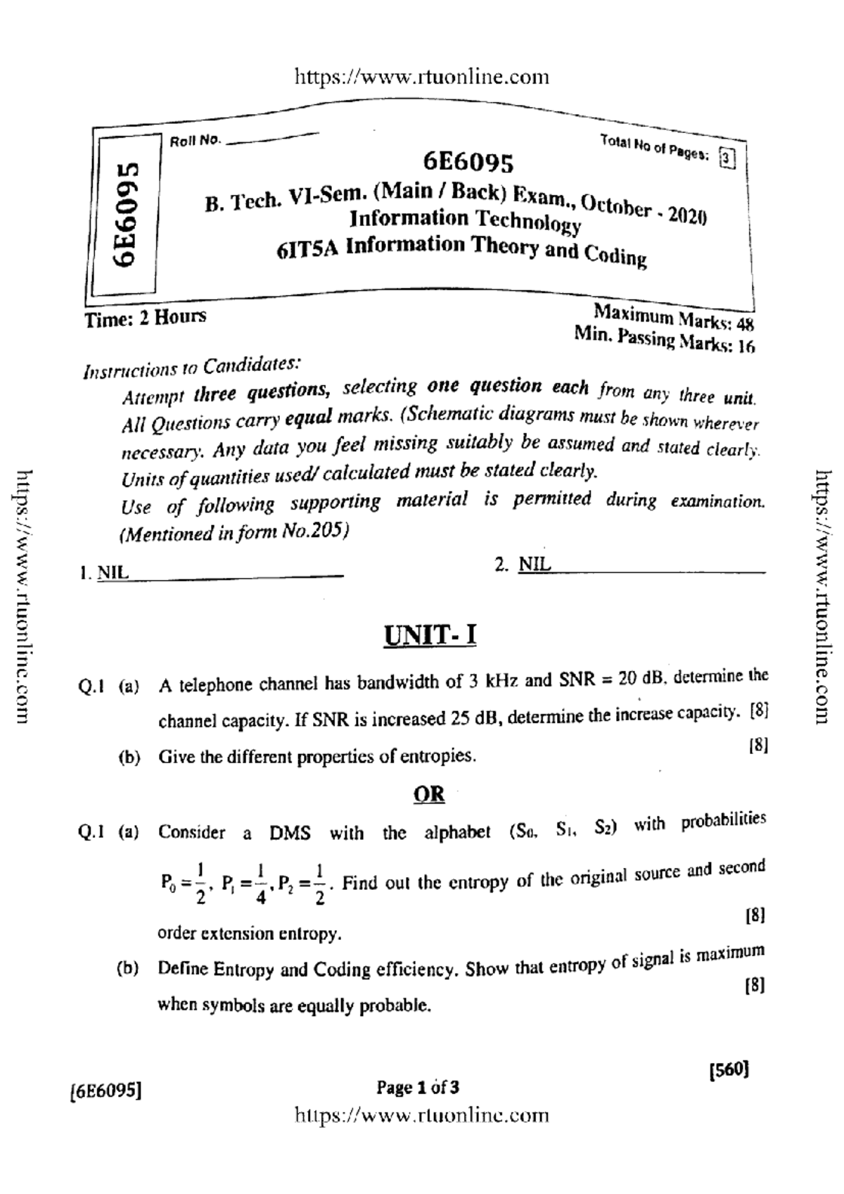 Btech it 6 sem information theory and coding 6e6095 oct 2020 - applied ...