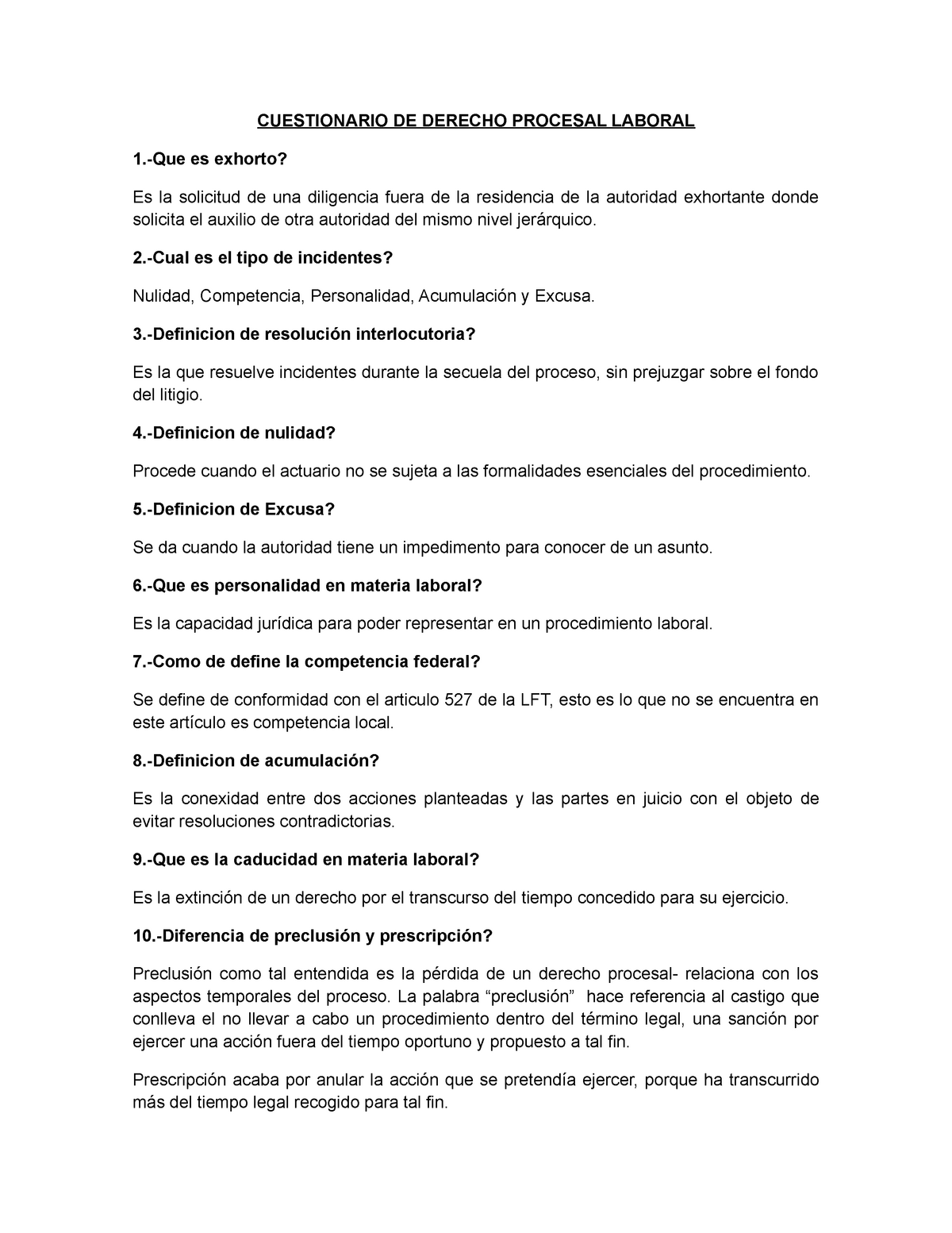 Cuestionario De Derecho Procesal Laboral Cuestionario De Derecho Procesal Laboral Es Exhorto