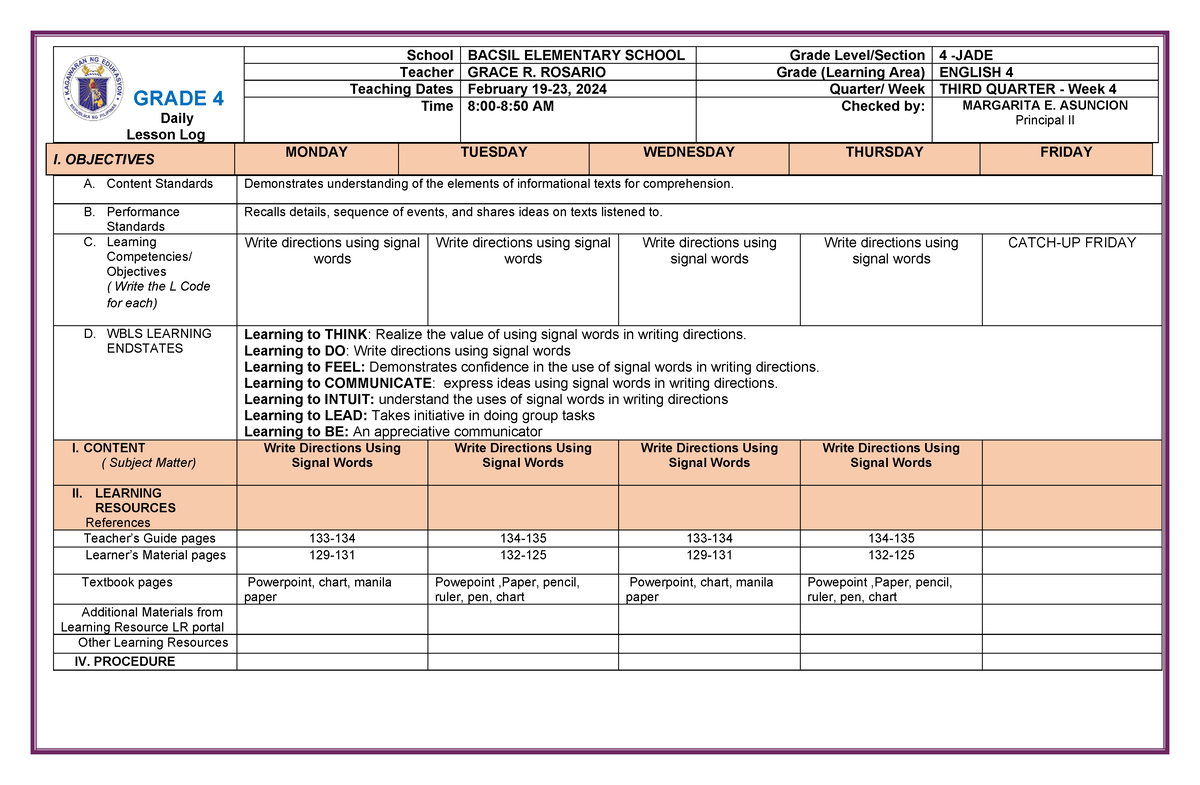 ENG4 Q3 W4 - english 4 - GRADE 4 Daily Lesson Log School BACSIL ...