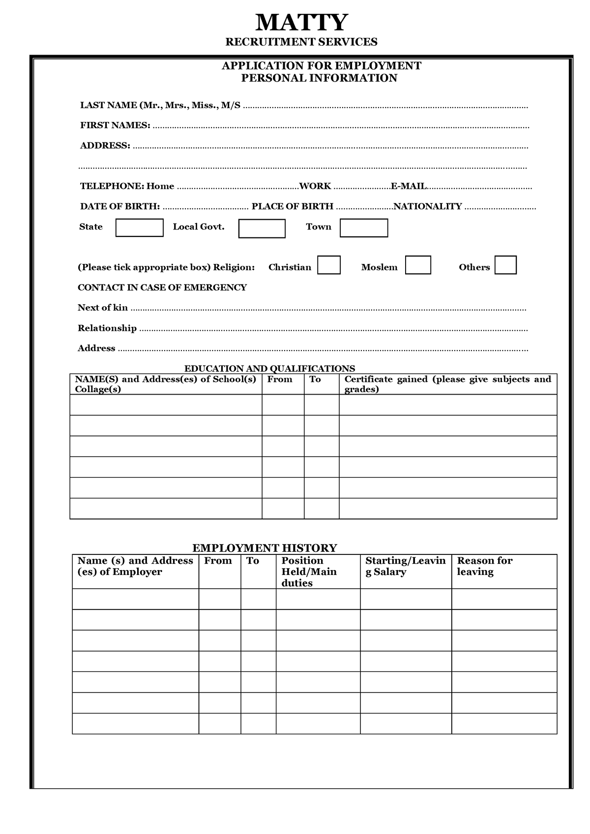 MIS Recruitment FORM - HUMAN RESOURCE - MATTY RECRUITMENT SERVICES ...