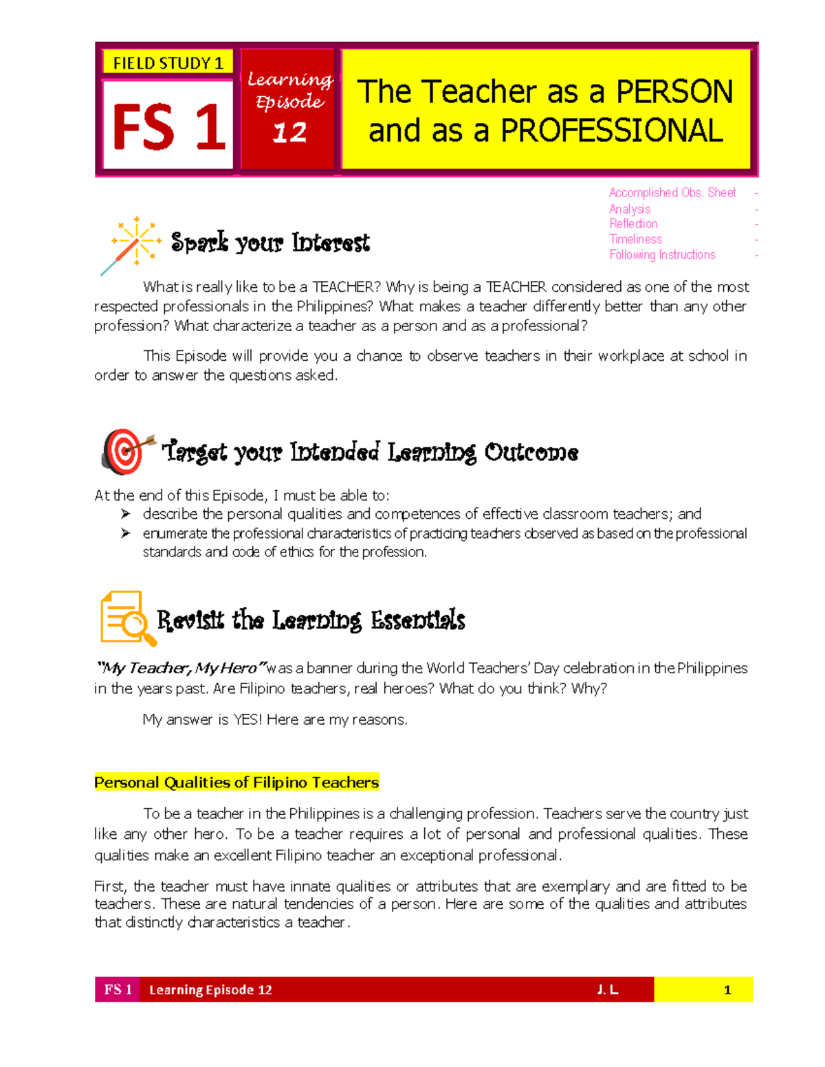 FS 1 Learning Episode 12 1st sem - FS 1 Learning Episode 12 J. L. 1 ...