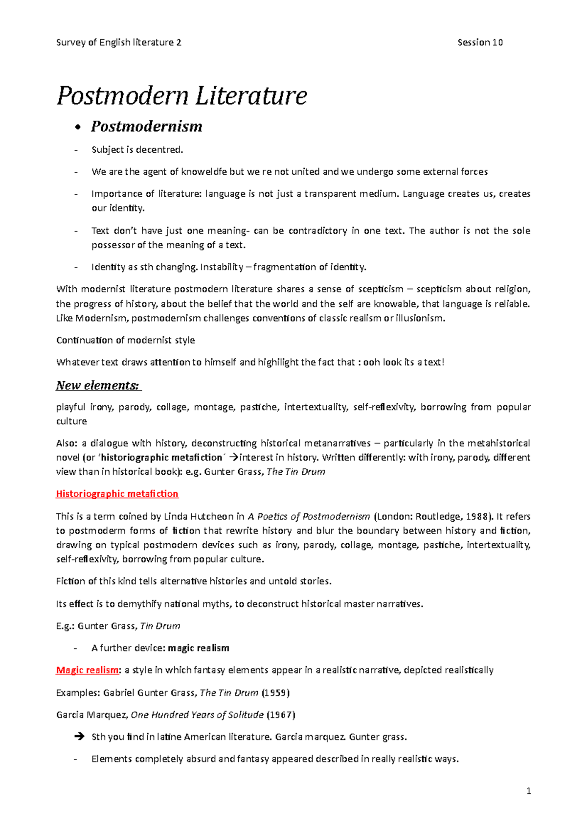 Session 910 Postmodern Literature Survey of English literature 2